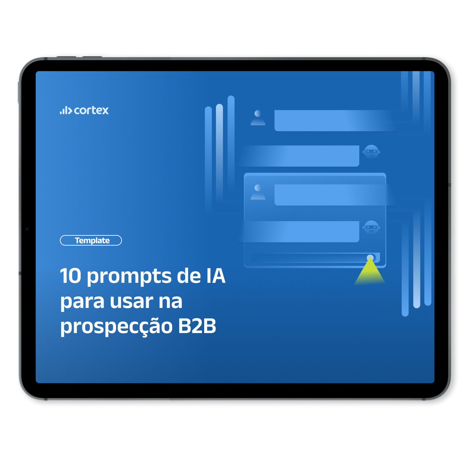 Mockup de Tablet com capa do [Template]10 prompts de IA para usar na prospecção B2B