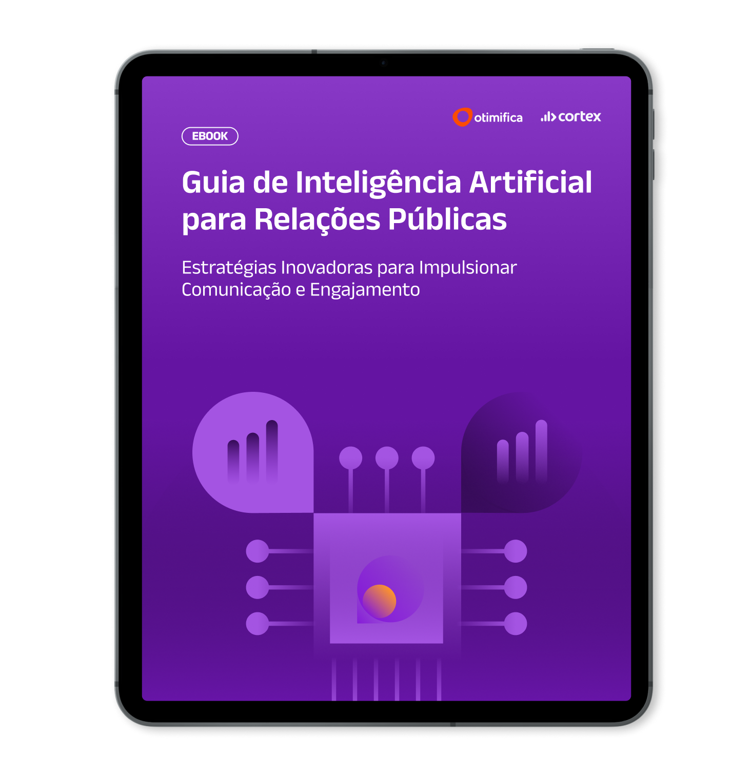 Mockup de Tablet com capa do [eBook] Guia de Inteligência Artificial para Relações Públicase a contribuição da área para as estratégias do negócio - 3a versão