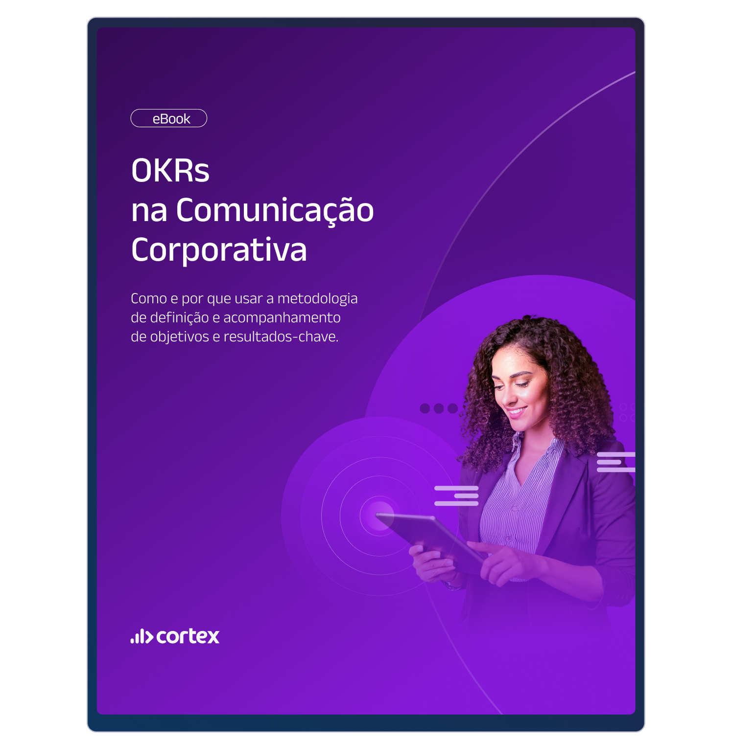 Mockup de Tablet com capa do eBook OKRs na comunicação corporativa_ como e por que usar