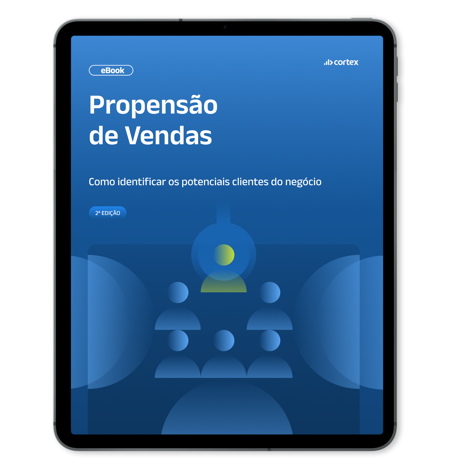 Mockup de Tablet com capa do eBook Propensão de Vendas_  como identificar os potenciais clientes do negócio - 2a edição