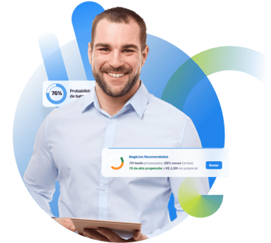 destaque landing page de transporte e logistica-homem branco de camisa social branca com tablet na mão, rodeado de gráficos nas cores azul e verde, com imagens da plataforma de inteliegencia de vendas da cortex-2