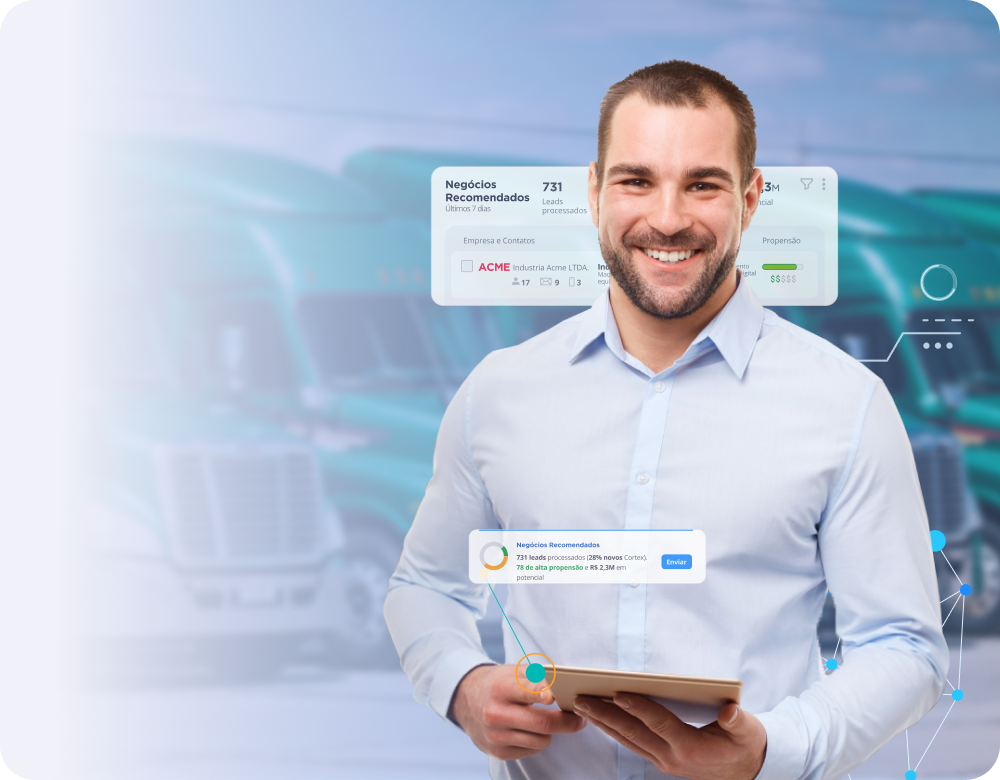 Destaque da Landing page. Frotas de caminhões e homem com tablet na mão em destaque, rodeado por telas da plataforma de inteligência de vendas B2B da Cortex