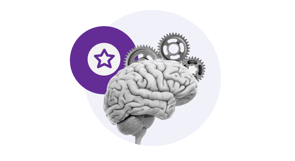 Cérebro e engrenagens representando a inteligência de dados e estrela representando a gestão da reputação