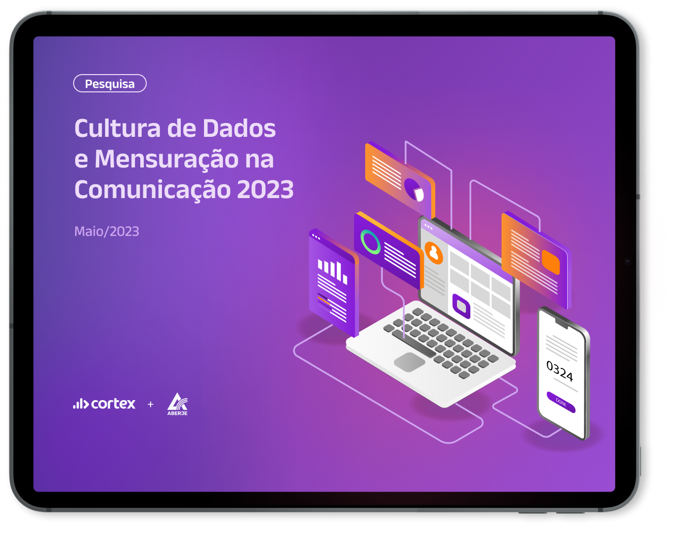 Mockup de Tablet com capa da pesquisa aberje - Cultura de Dados  e Mensuração na Comunicação 2023