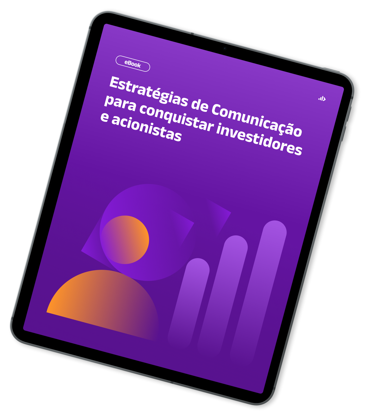 Mockup de Tablet com capa do Ebook - Estratégias de Comunicação para conquistar investidores  e acionistas