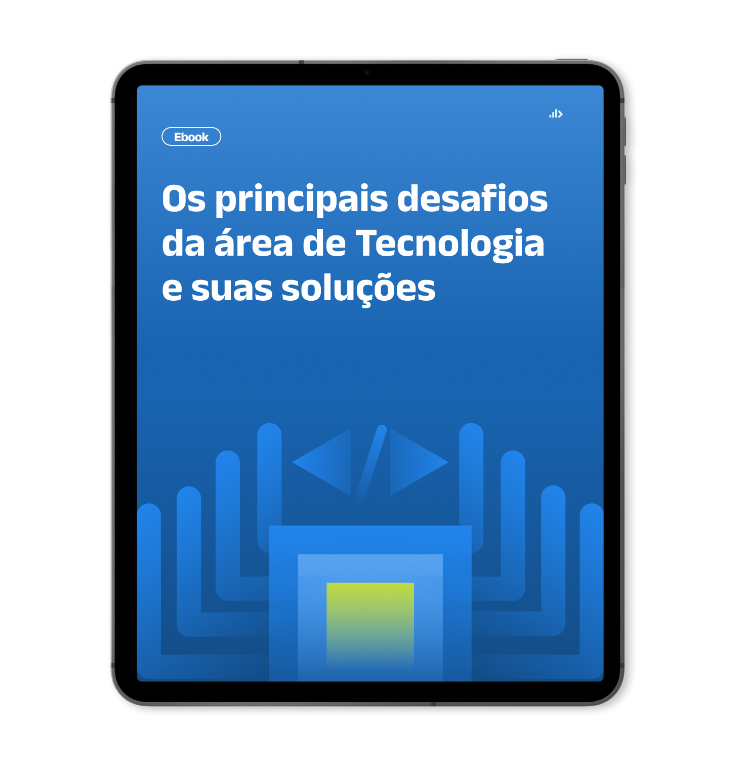 Mockup de Tablet com capa do Ebook - Os principais desafios  da área de Tecnologia  e suas soluções (1)