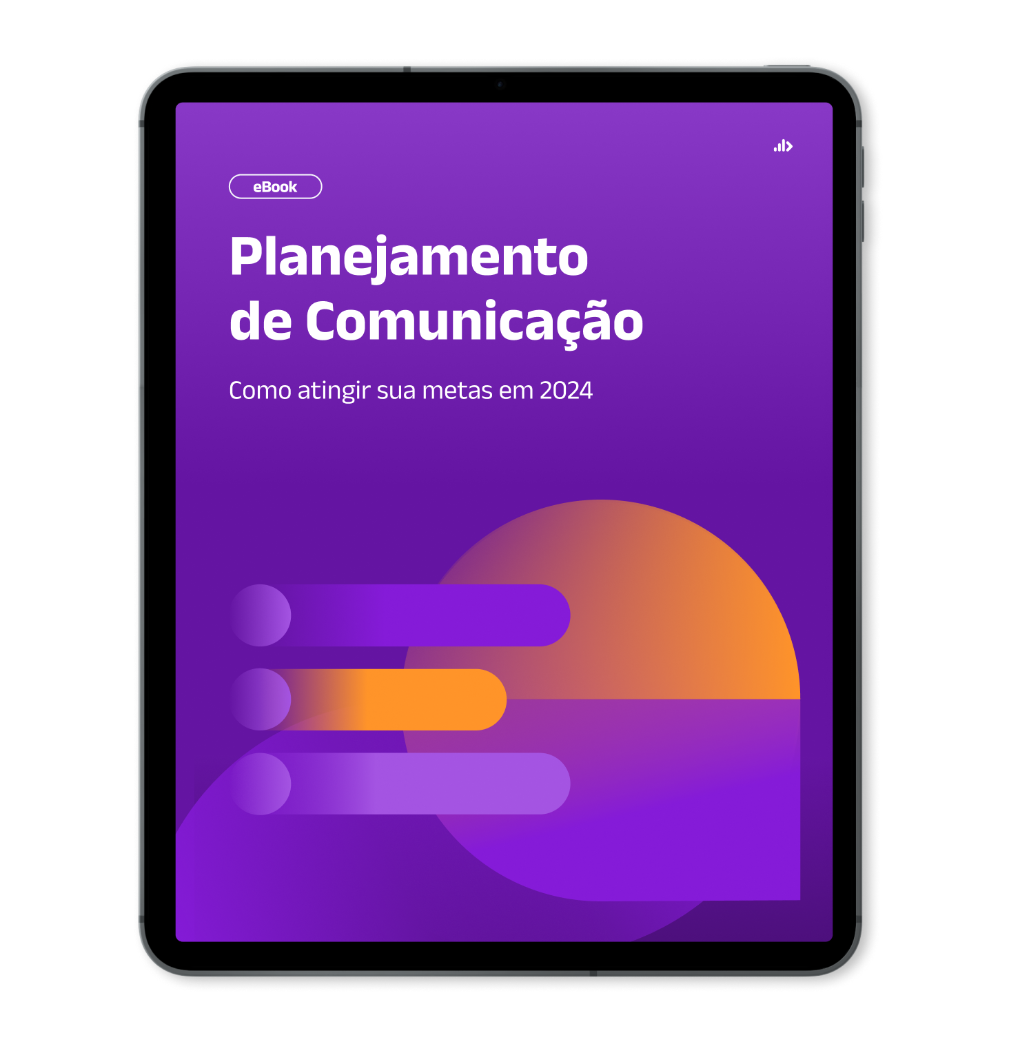 Mockup de Tablet com capa do ebook Planejamento de Comunicação_ como atingir sua metas em 2024