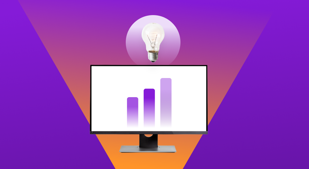 Monitor de computador com gráficos de resultados em comunicação e acima uma lâmpada representando ideias para fazer essa análise