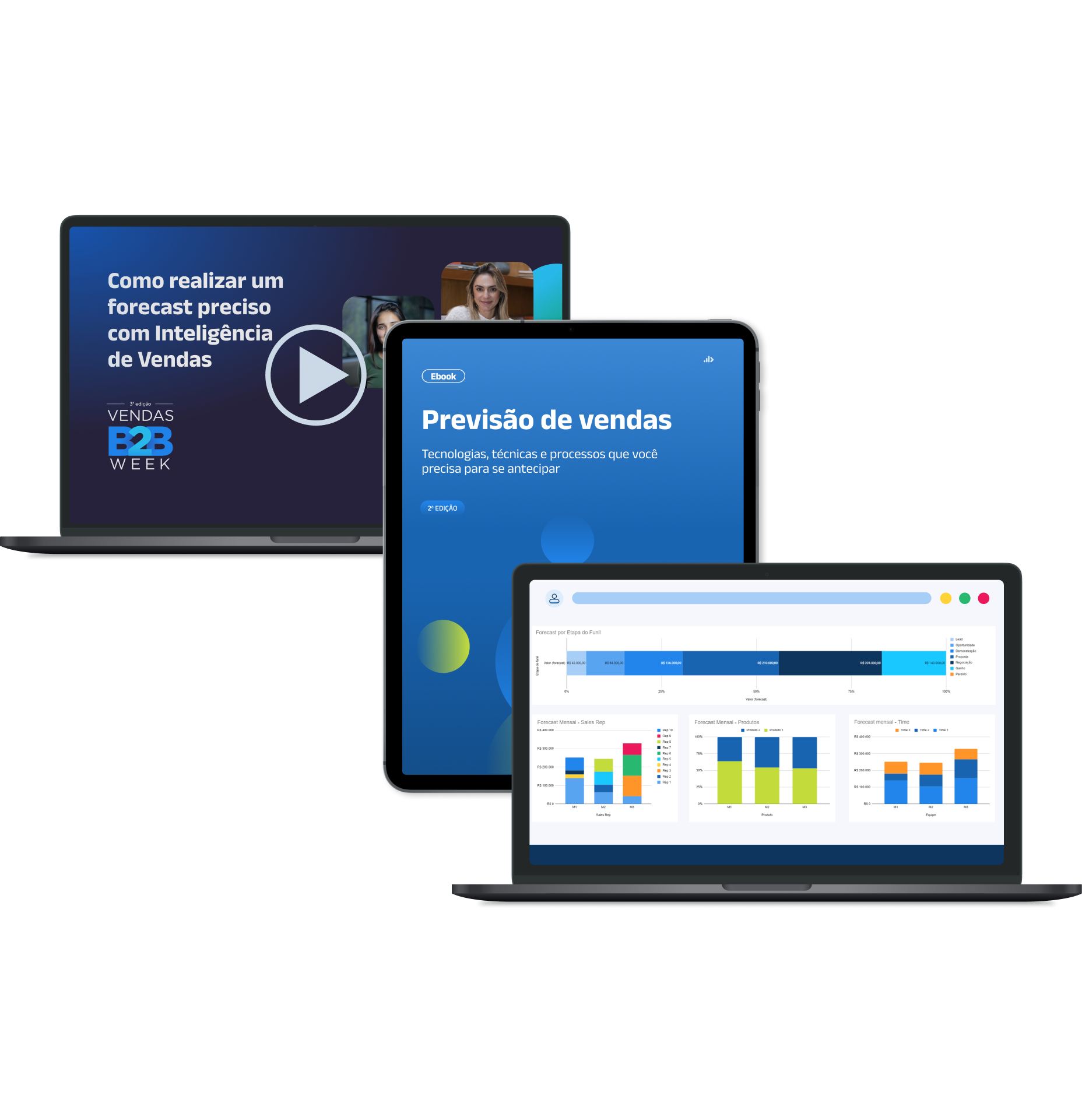 notebook com meetup Como Realizar um forecast preciso com inteligencia de vendas-tablet  com ebook de previsão de vendas e notebook com planilha de forecast trimestral-1
